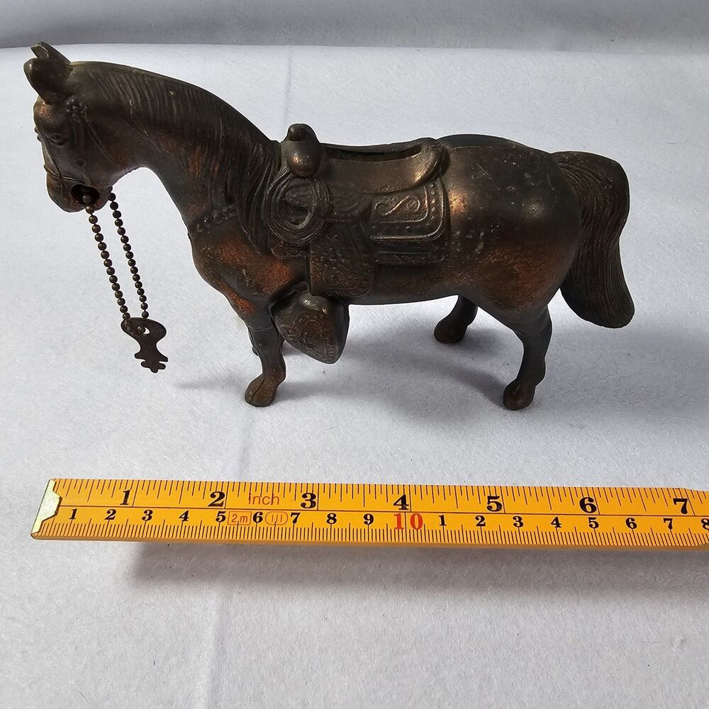 Vintage 60’s Brass Metal Coin Bank Country Western Horse  Copper Color W/Key